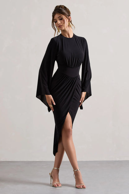 Lennox Black Drape Sleeve Gathered Midi Dress