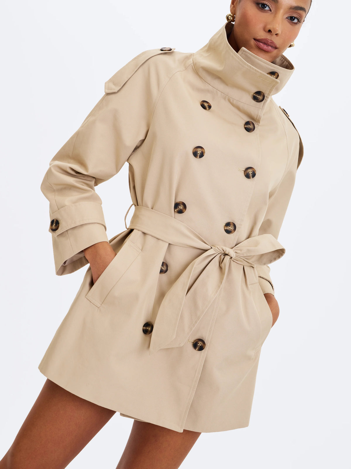 Vanetta Tan High Collar Double Breasted Trench Mini Coat