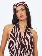 Jolynn Burgundy Beige Abstract Zebra Print Head Scarf