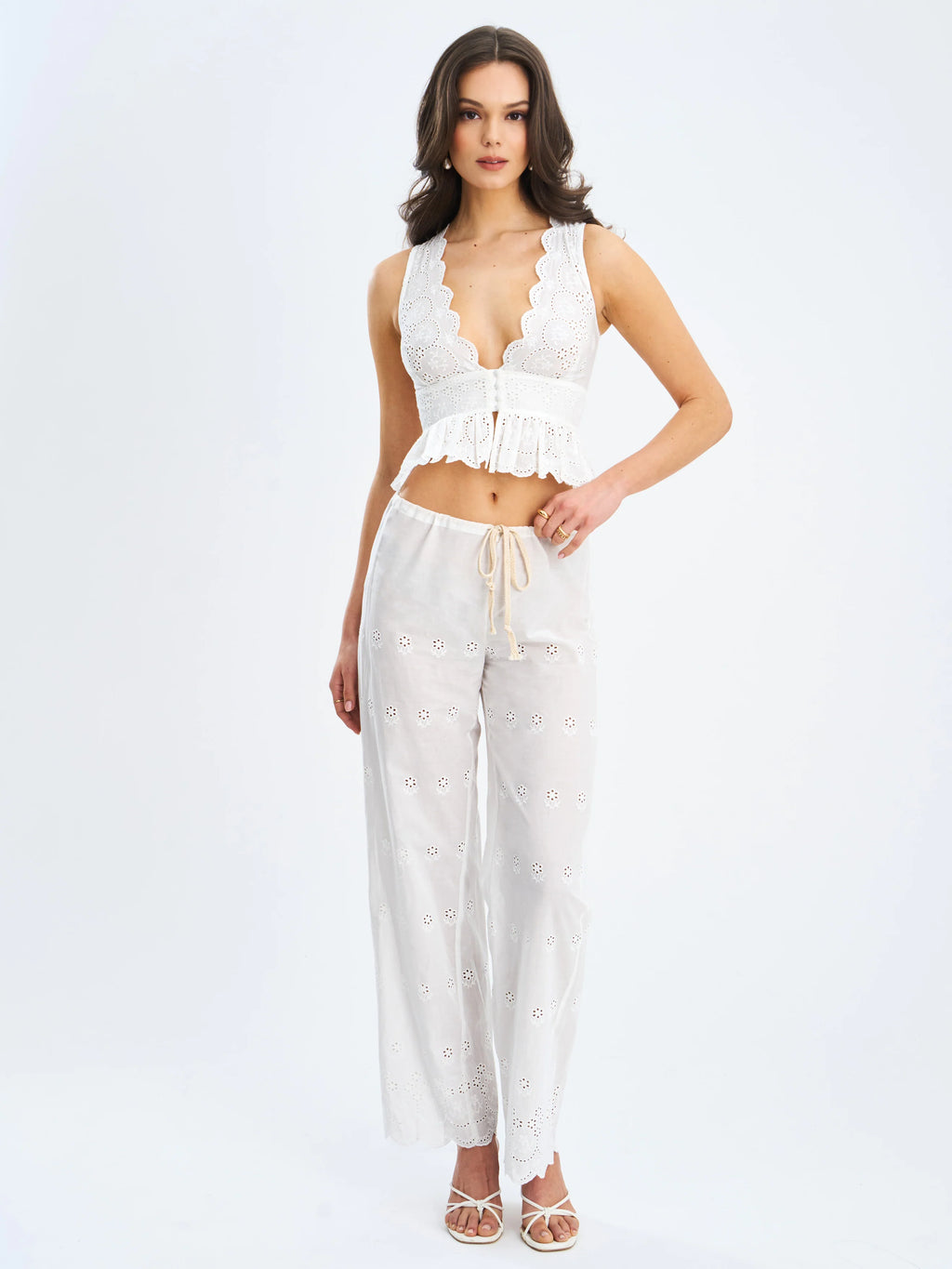 Raina White Cotton Eyelet Straight Pants
