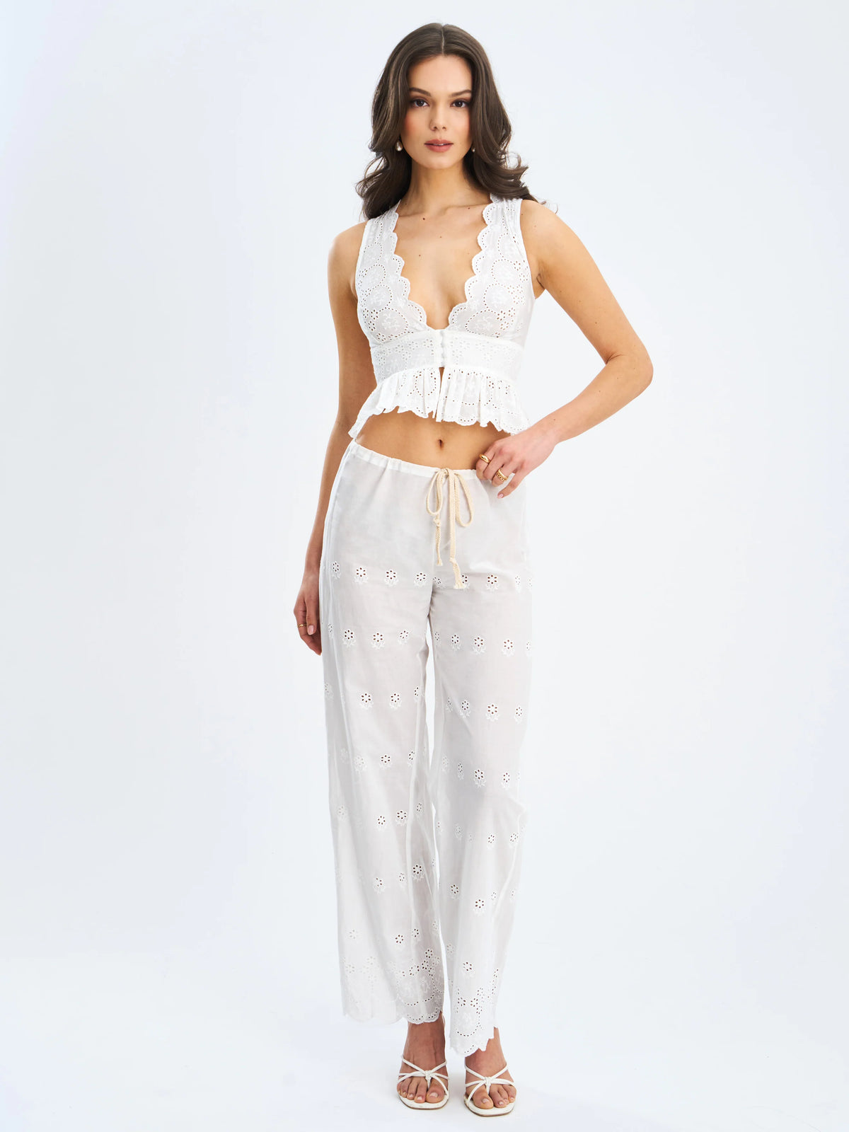 Raina White Cotton Eyelet Straight Pants