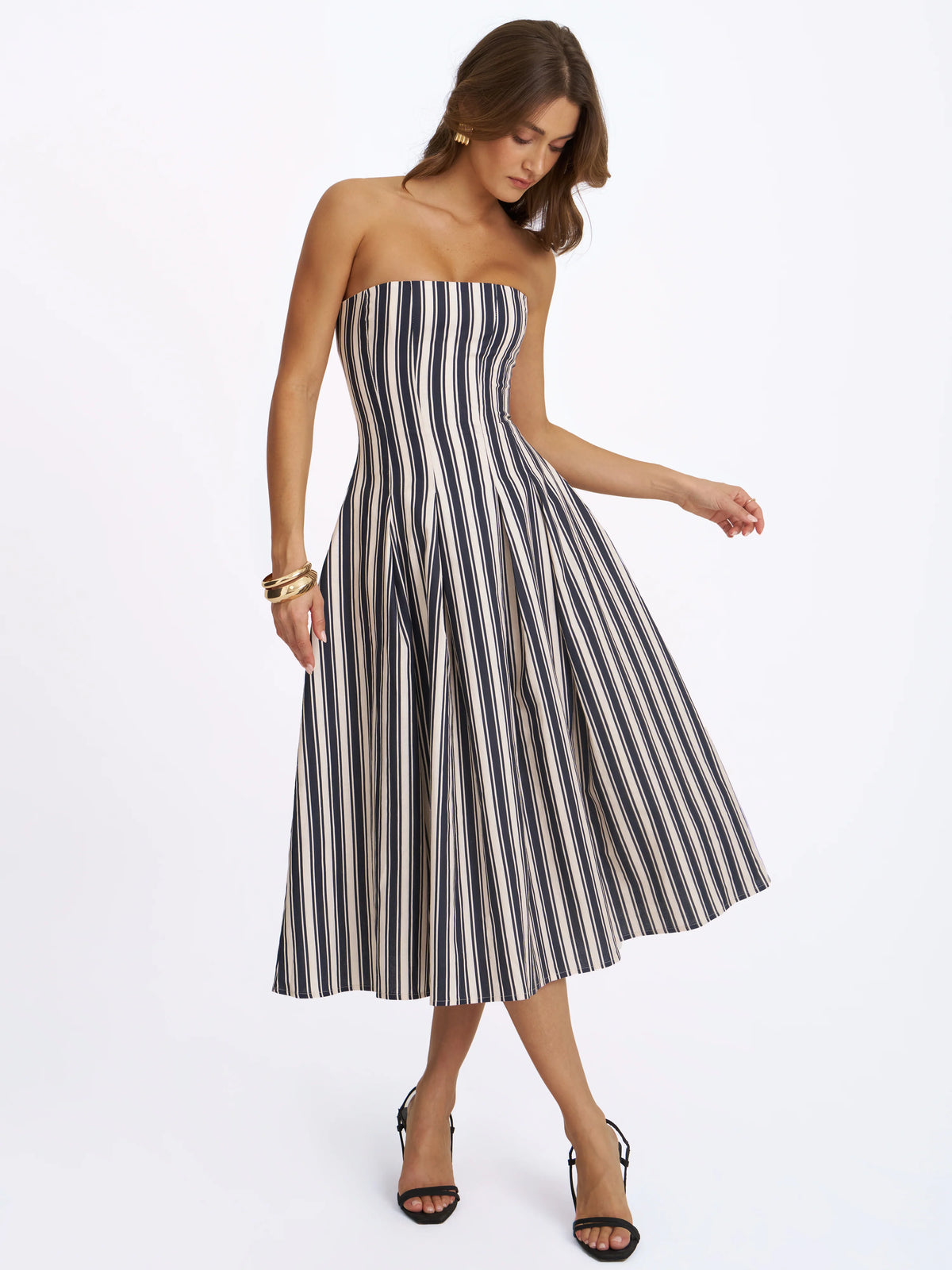 Wyanne Black White Linen Striped Strapless Midi Dress
