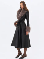 Nico Black Faux Leather Fur Trimmed Belted A Line Midi Coat