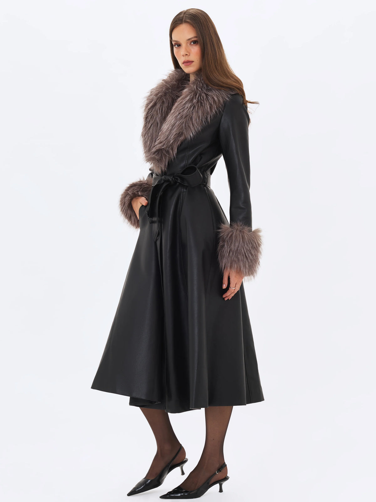 Nico Black Faux Leather Fur Trimmed Belted A Line Midi Coat