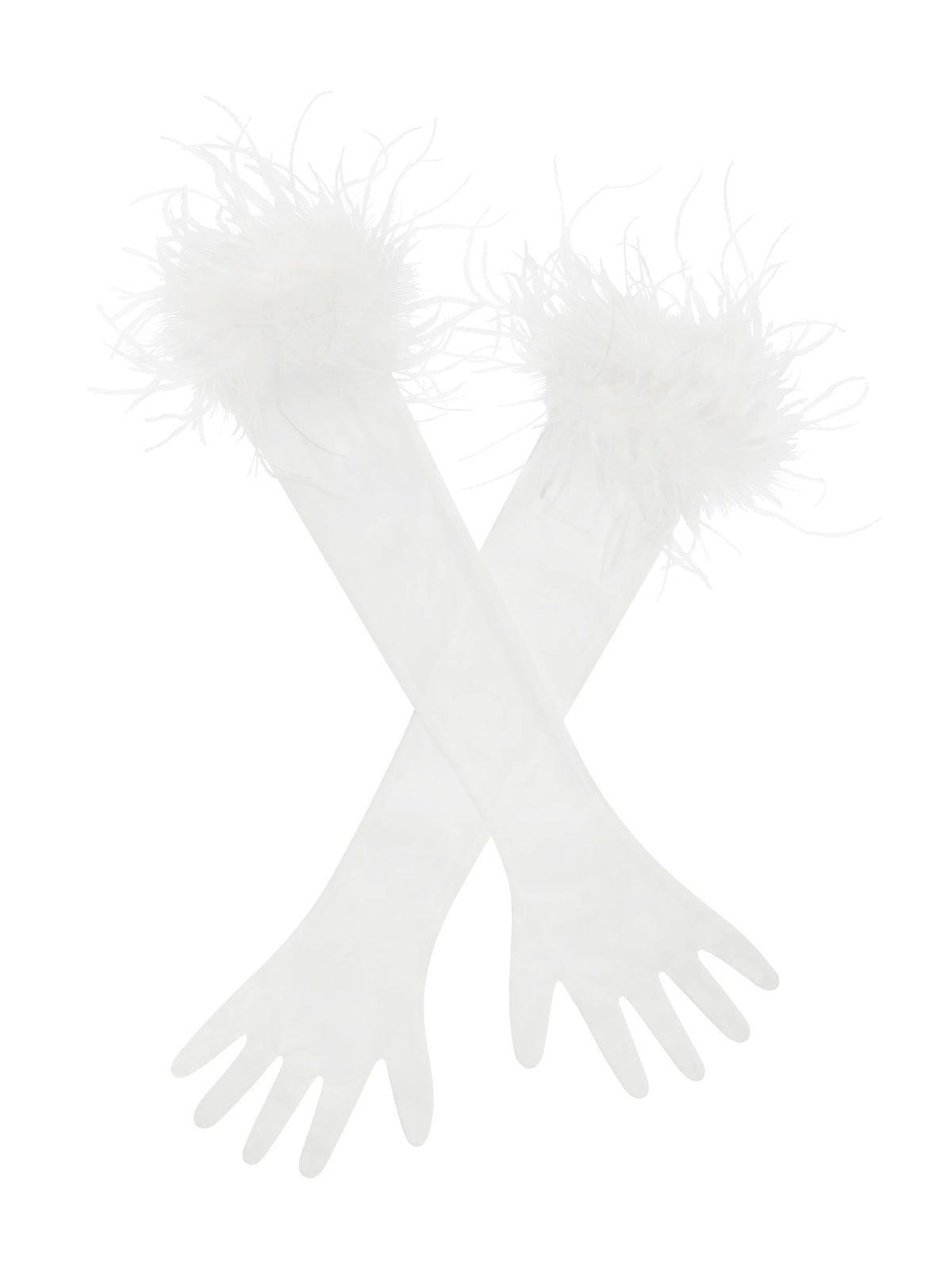 Quinn White Feather Trimmed Opera Length Gloves