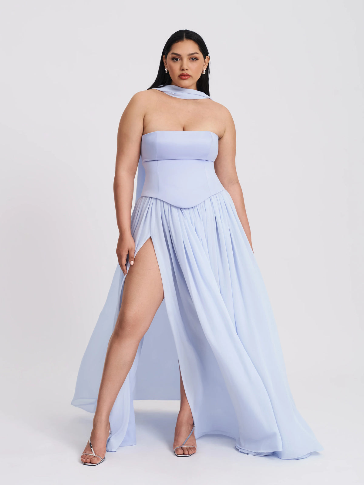 Qianna Baby Blue Peplum Drop Waist Chiffon Gown