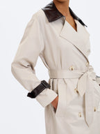Umber Oyster Double Breasted Faux Leather Lapel Trench Coat