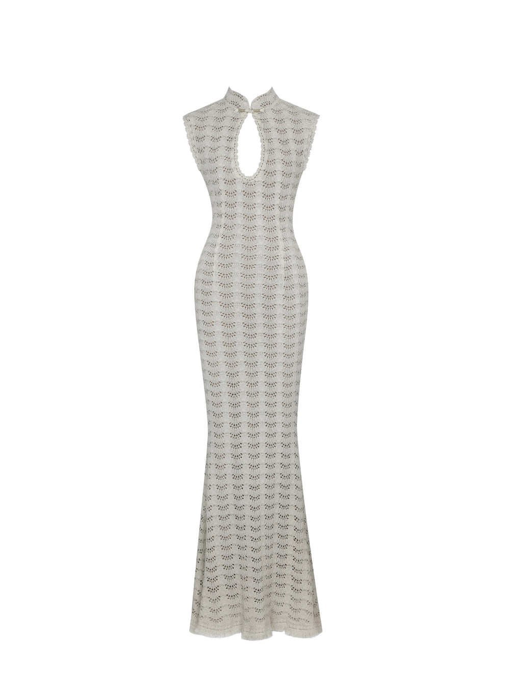 Xylona Beige Gold Crochet Teardrop Neckline Mermaid Maxi Dress