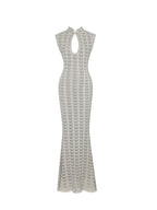 Xylona Beige Gold Crochet Teardrop Neckline Mermaid Maxi Dress