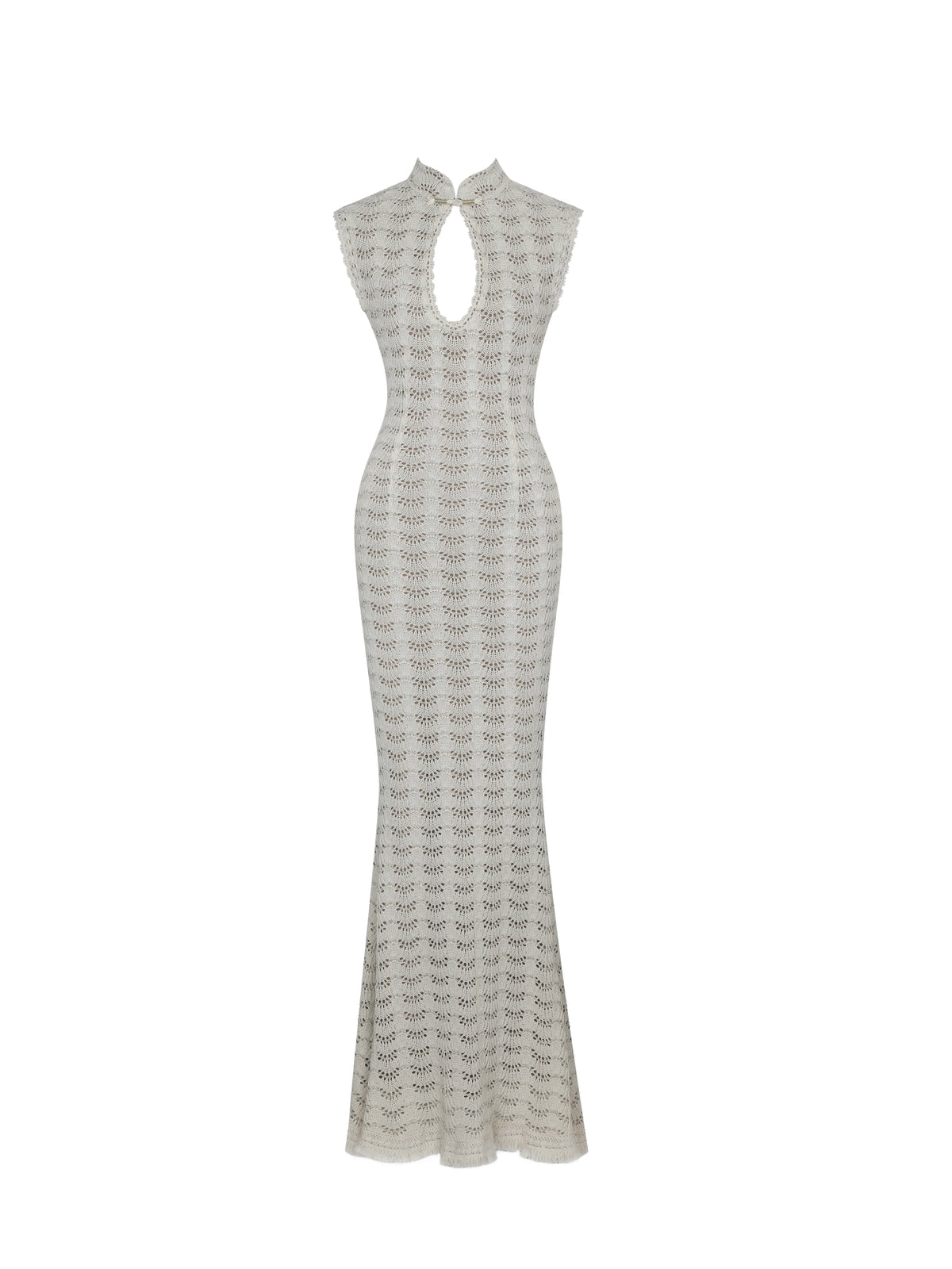 Xylona Beige Gold Crochet Teardrop Neckline Mermaid Maxi Dress