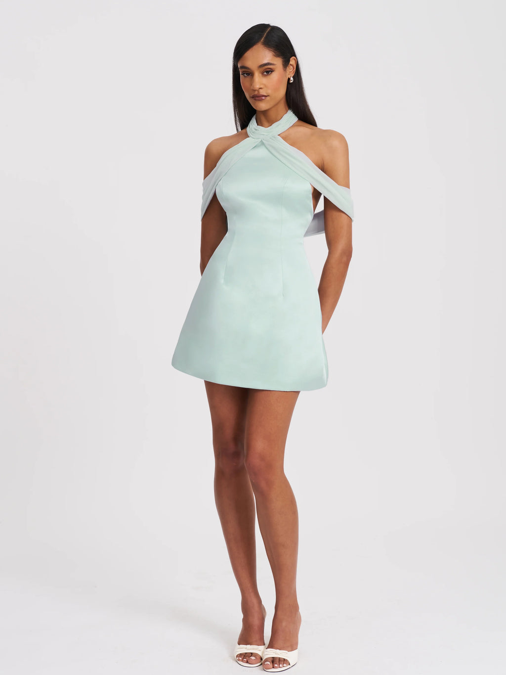 Zafrina Light Cyan Halter Off shoulder Backless Mini Dress