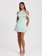 Zafrina Light Cyan Halter Off shoulder Backless Mini Dress