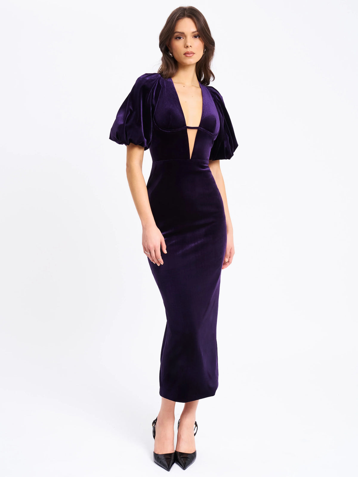 Coraline Purple Velvet Bubble Sleeve Backless Maxi Dress Archive Sale