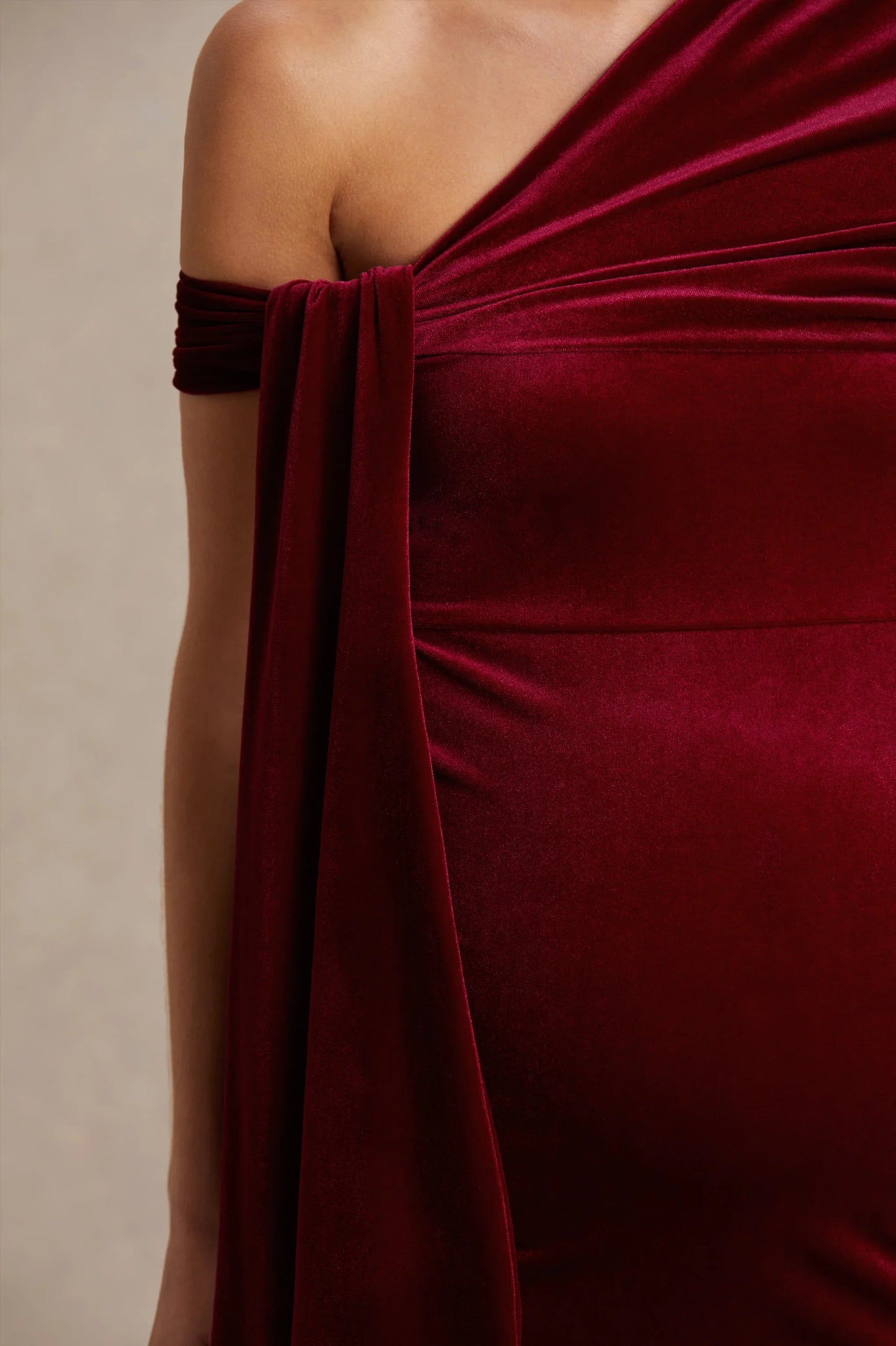 Zena Burgundy Velvet Asymmetric Neck Maternity Midi Dress With Knot And Sash Detail