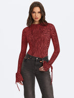 Ibera Burgundy Animal Print Burnout Velvet Long Sleeve Bodysuit