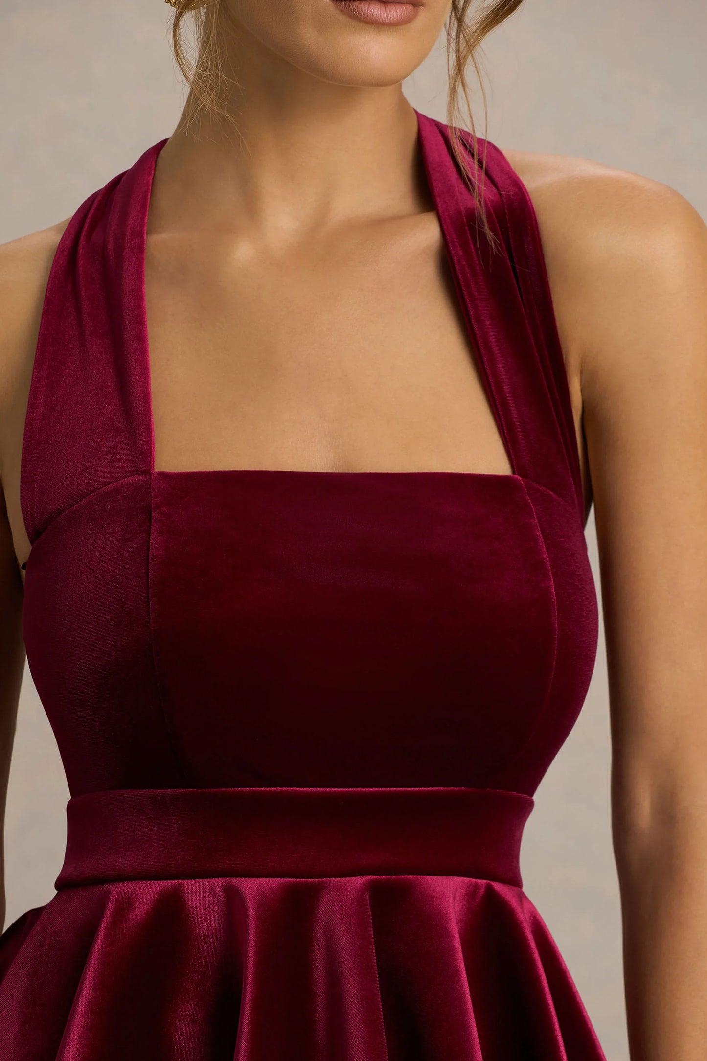 Mirage Burgundy Velvet Halter Neck Mini Dress With Skater Skirt
