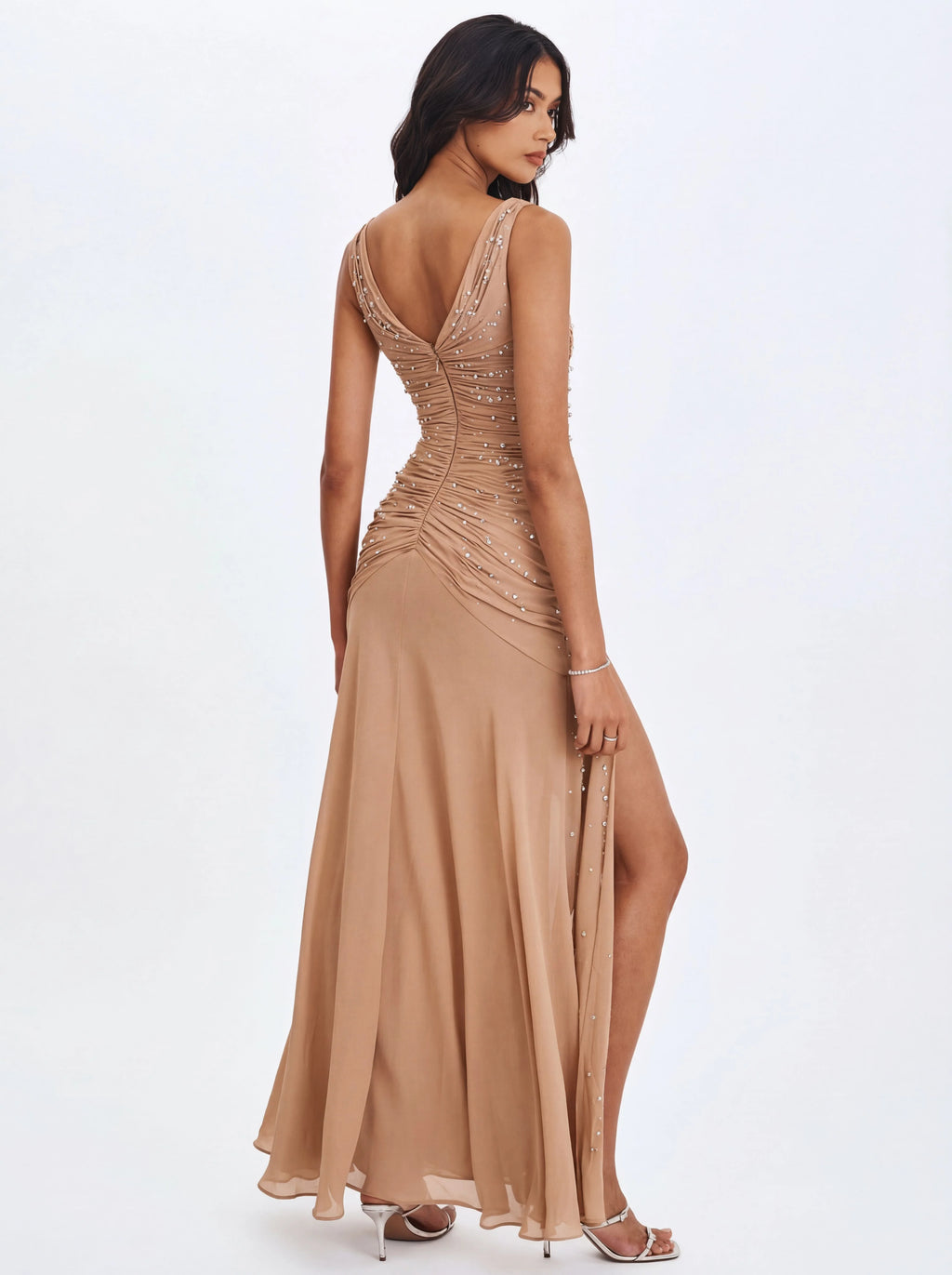 Viveca Apricot Crystal Embellished Asymmetrical Ruched Maxi Dress