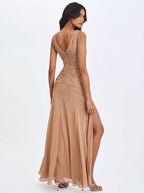 Viveca Apricot Crystal Embellished Asymmetrical Ruched Maxi Dress
