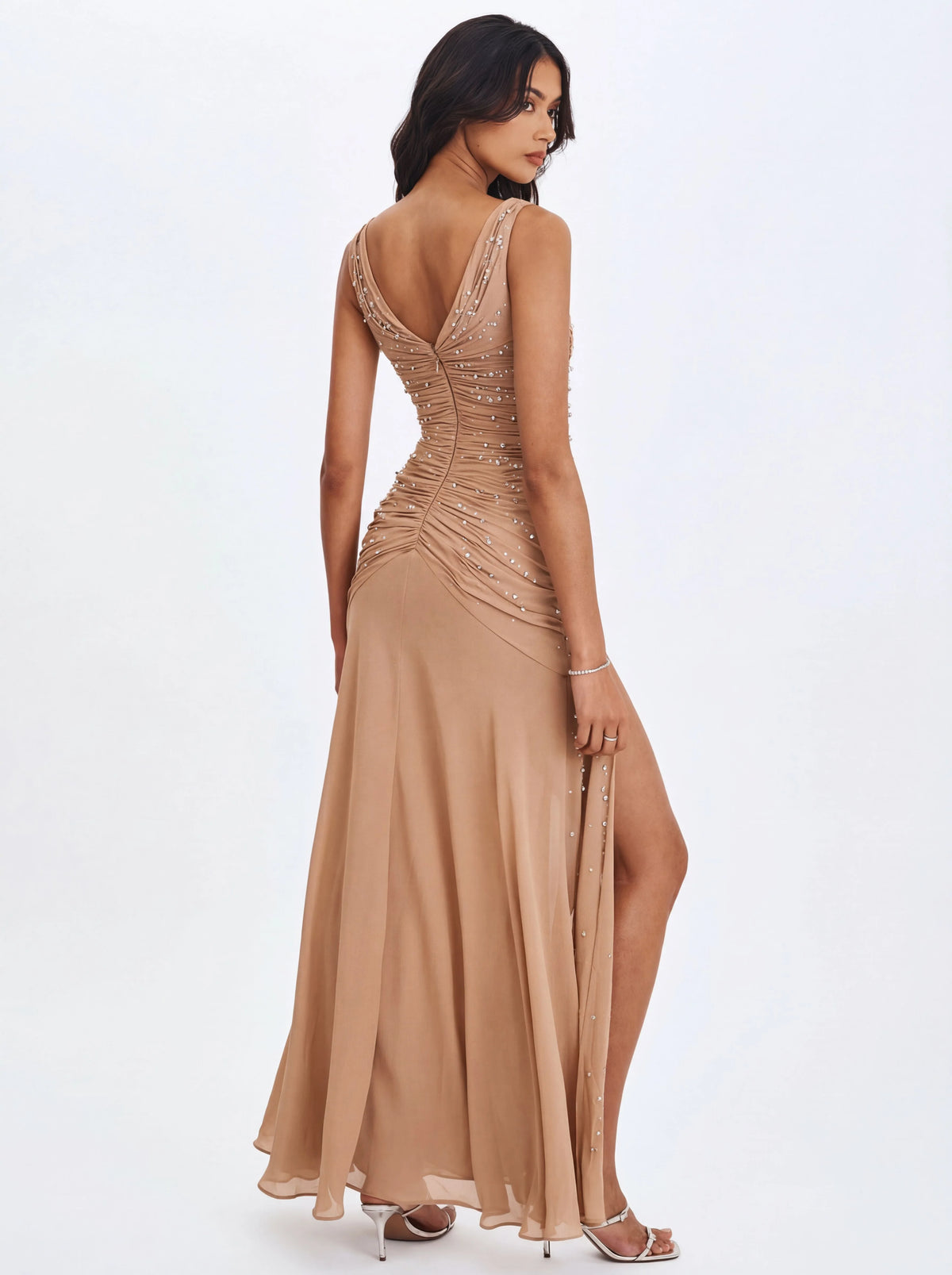 Viveca Apricot Crystal Embellished Asymmetrical Ruched Maxi Dress