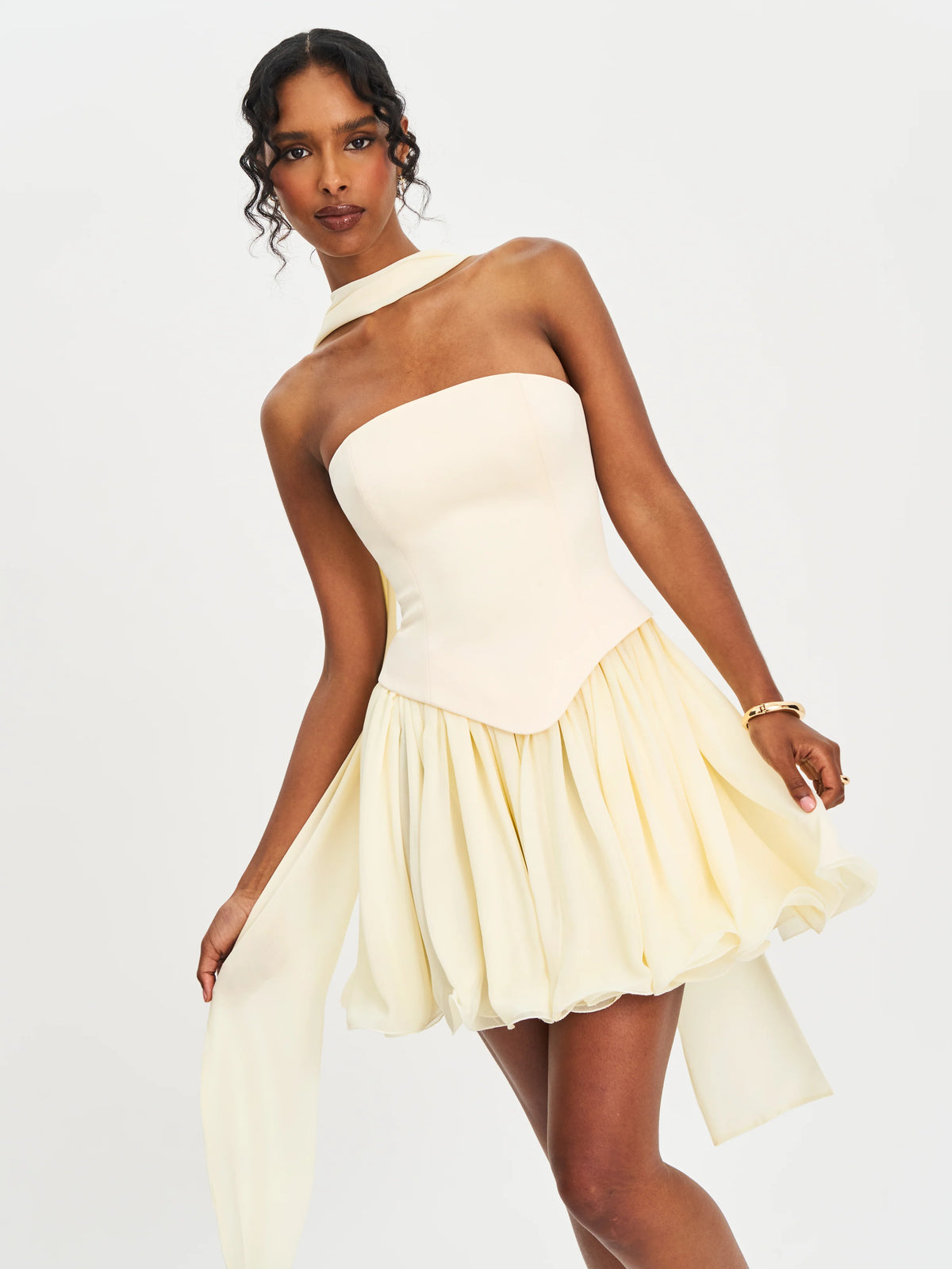 Valentina Butter Yellow Boned Curve Edge Peplum Mini Dress