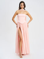 Qianna Baby Pink Peplum Drop Waist Chiffon Gown