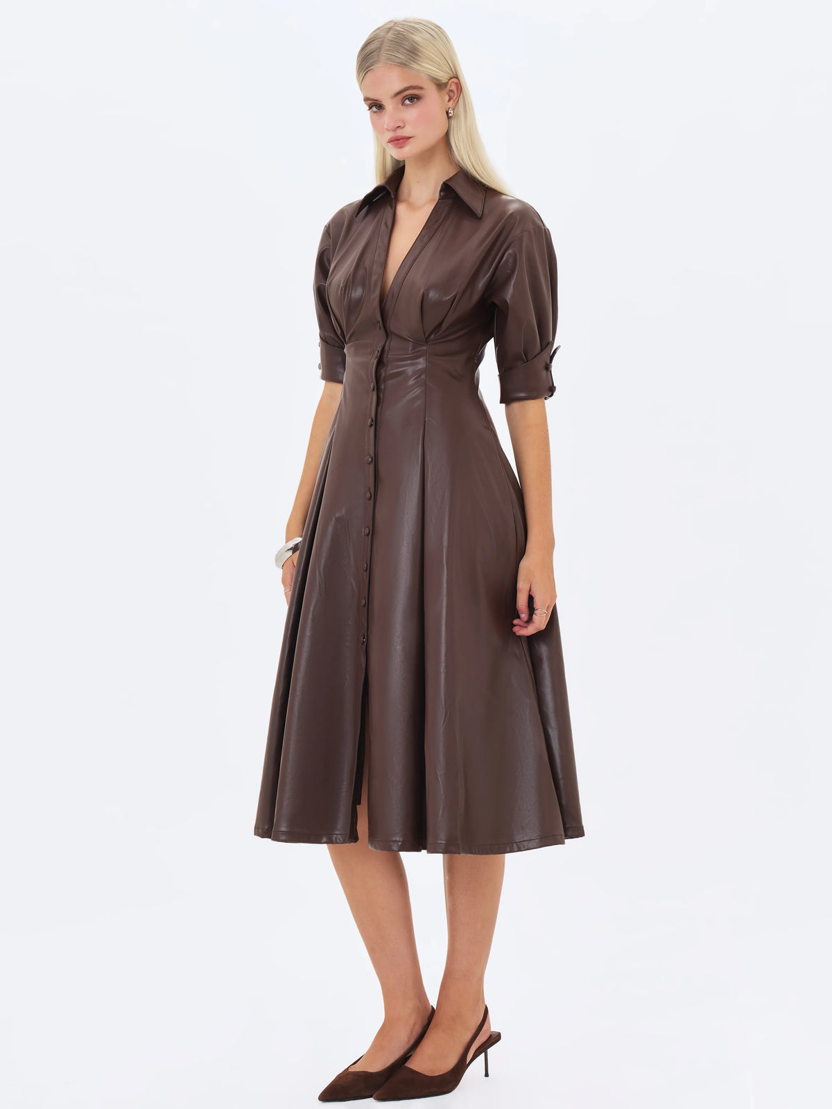 Vilda Espresso Brown Faux Leather Pleated Midi Dress