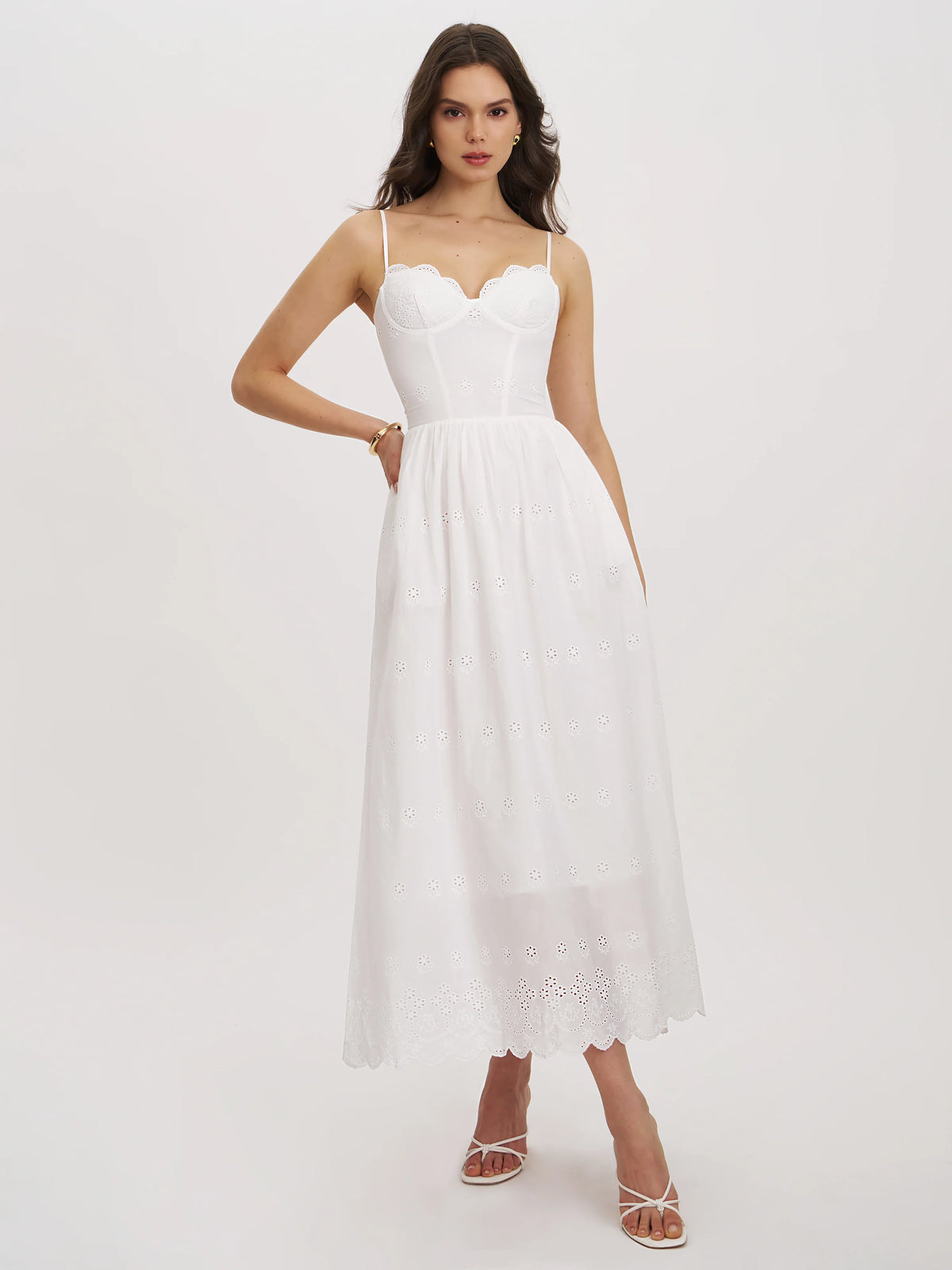 Oberon White Cotton Eyelet Lace Up Back Maxi Dress