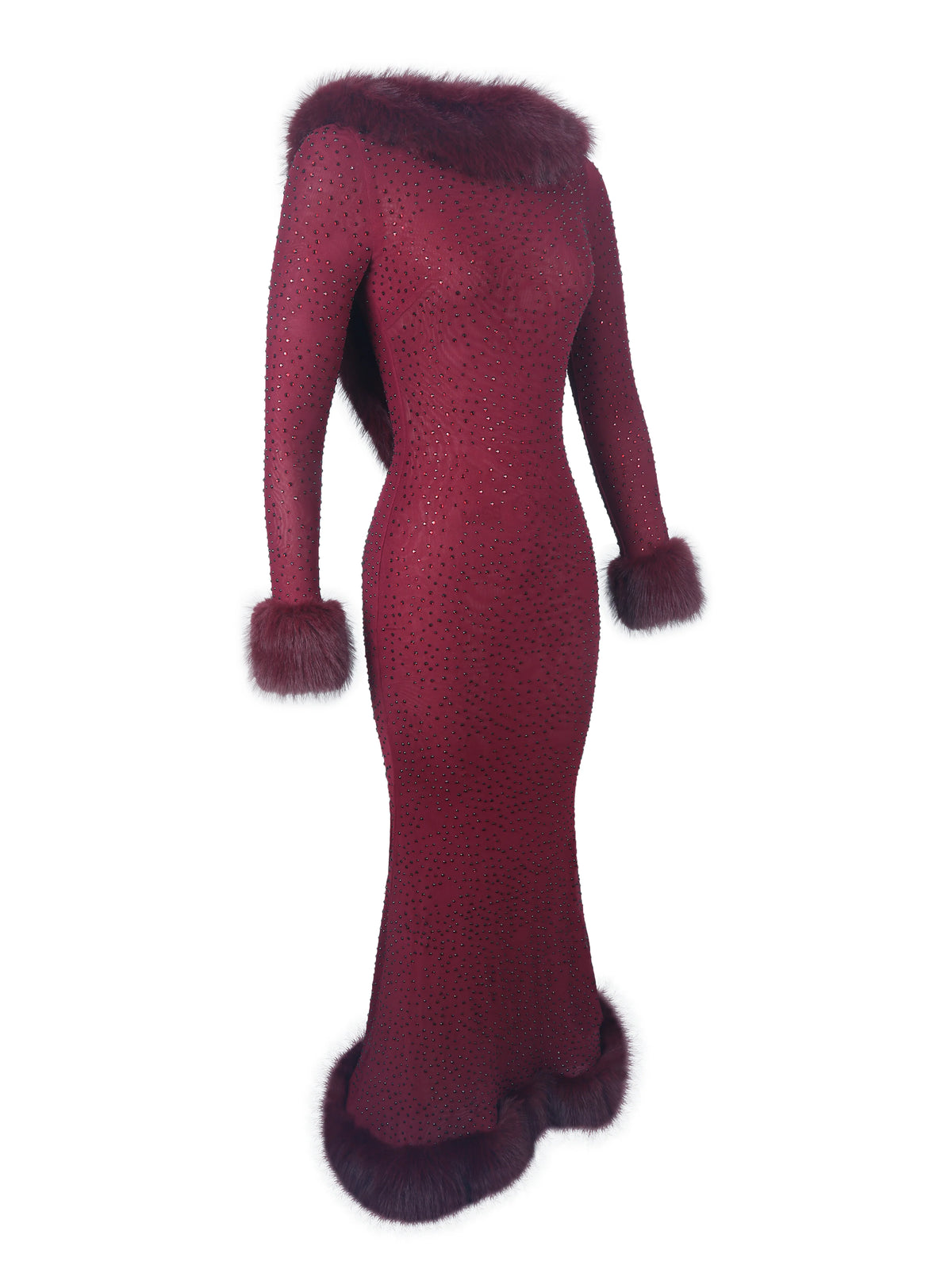 Melrose Burgundy Petite Length Rhinestone Mesh Low Back Mermaid Gown
