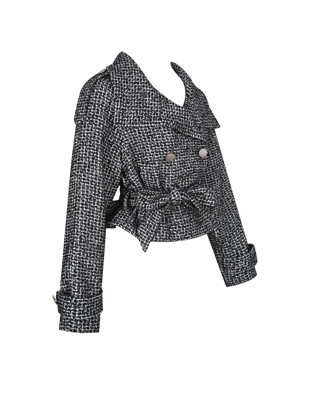 Sadie Black White Tweed High Collar Belted Mini Jacket