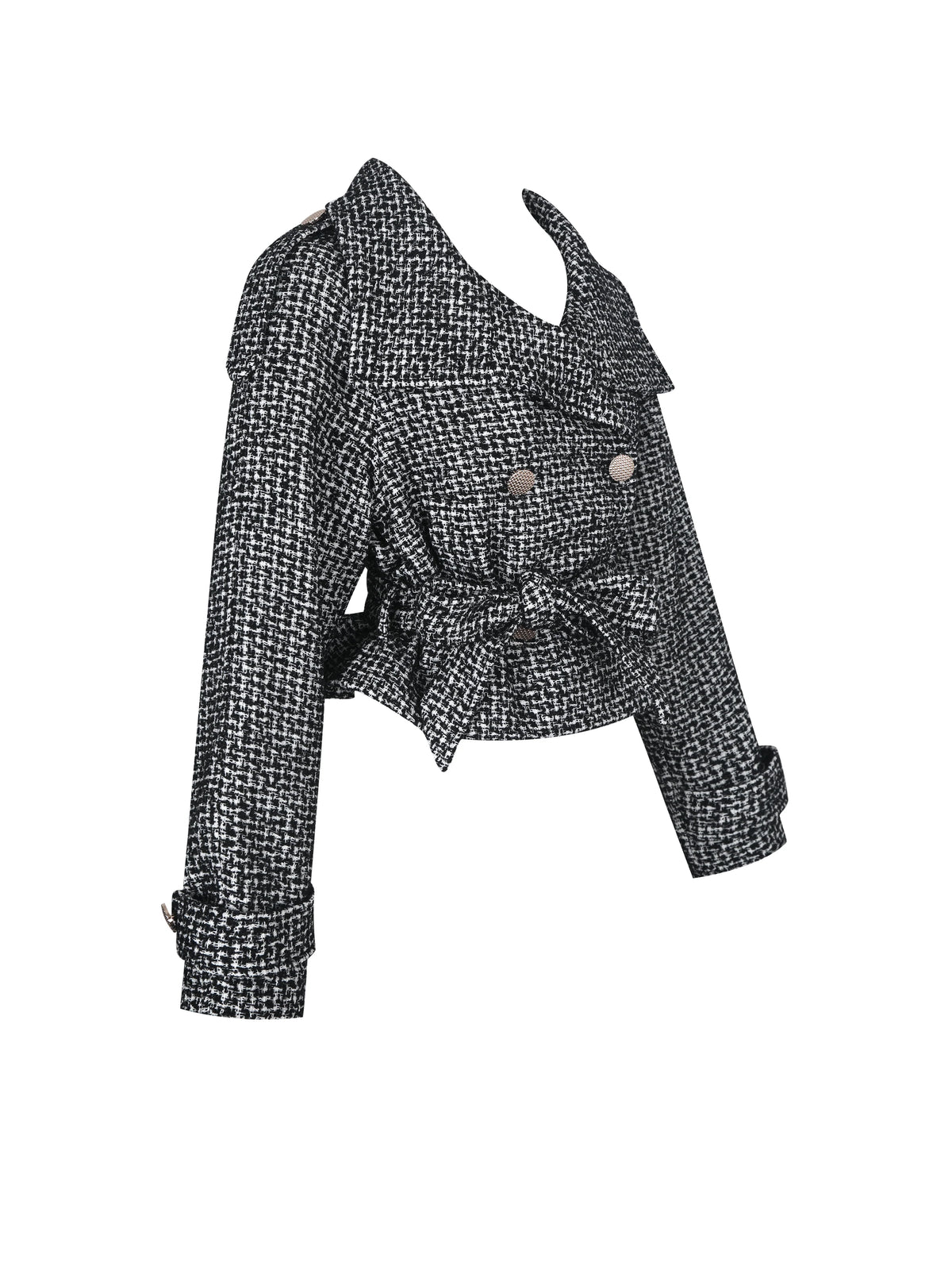 Sadie Black White Tweed High Collar Belted Mini Jacket