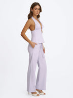 Quinzella Lavender Linen Plunging Halter Neck Top