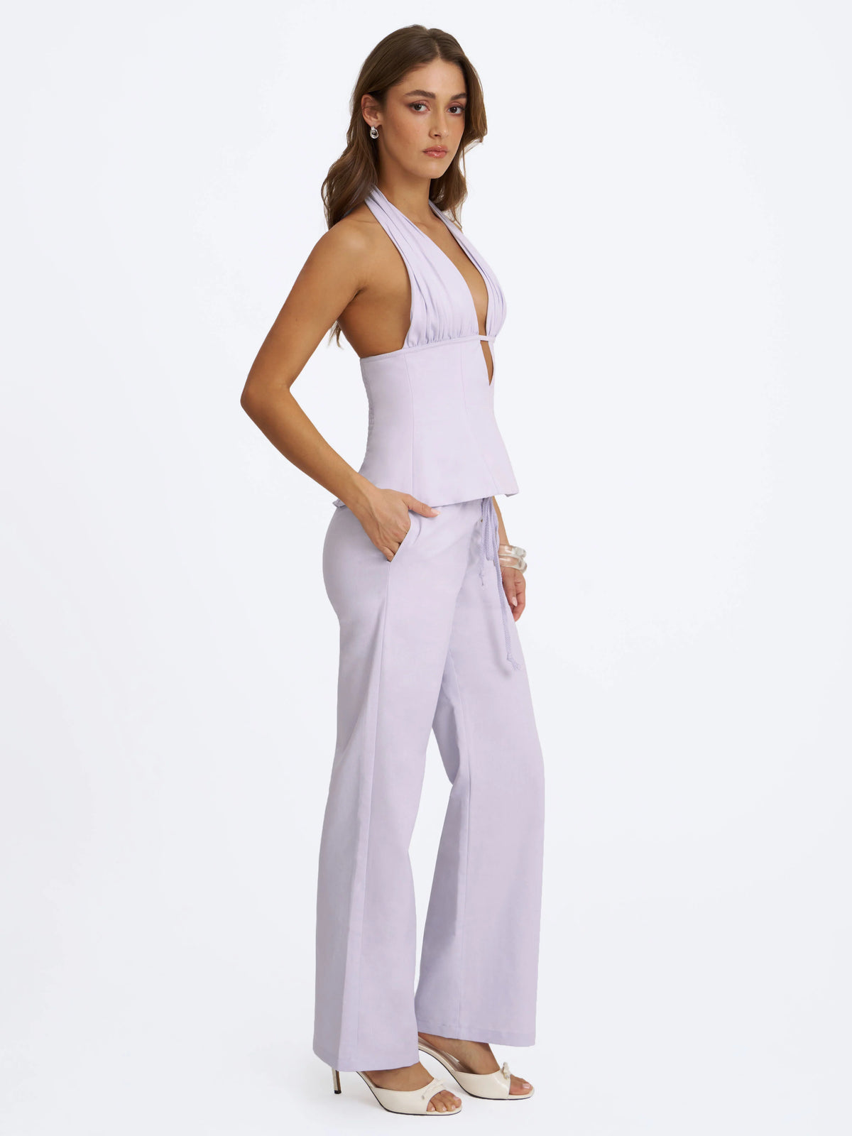 Quinzella Lavender Linen Plunging Halter Neck Top