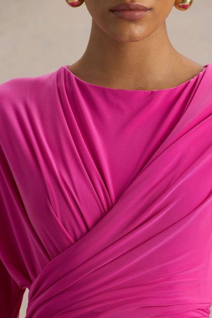 Regina Hot Pink High Neck Draped Wrap Maxi Dress