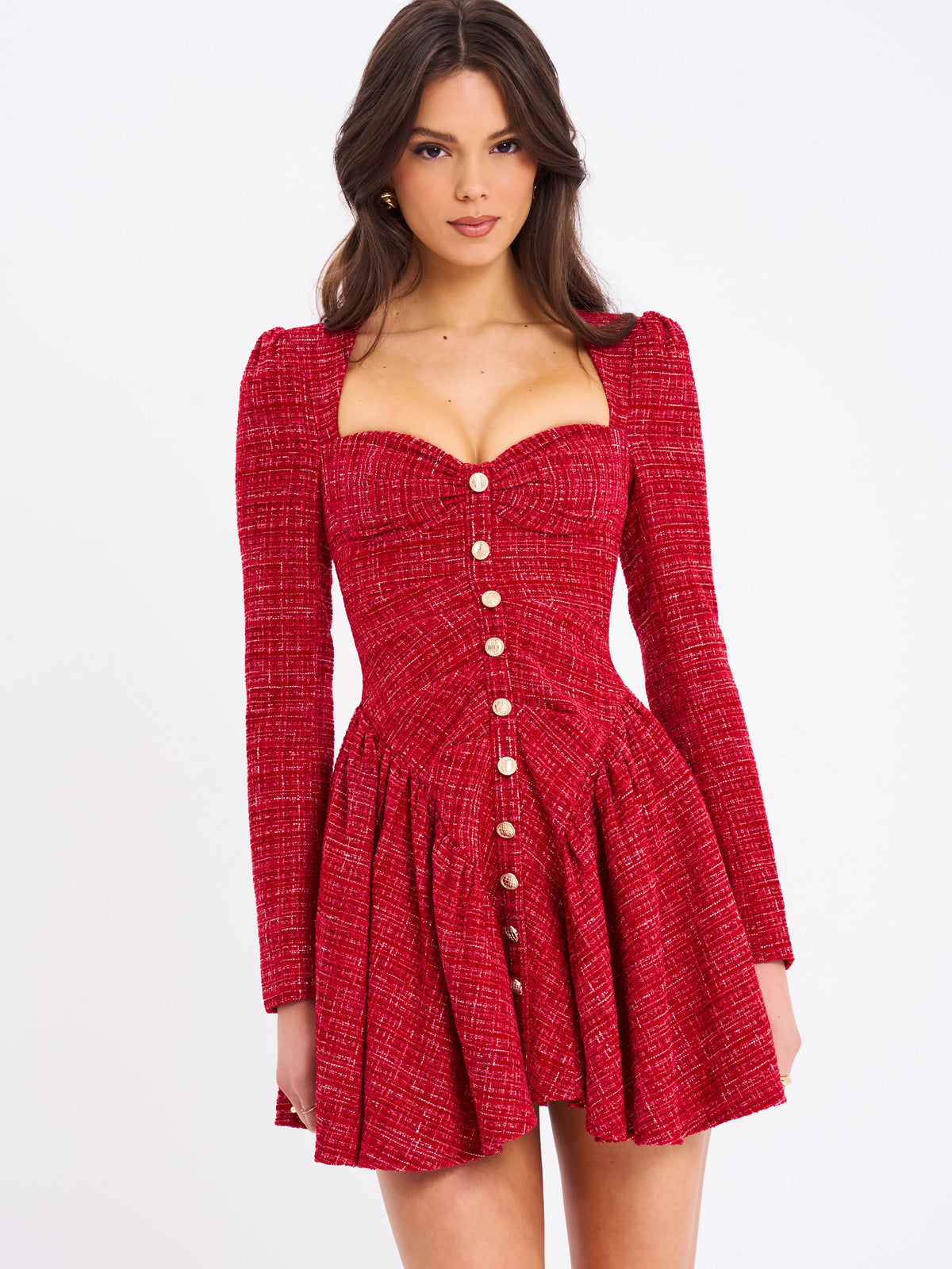 Tae Red Tweed Long Sleeve Drop Waist Mini Dress Archive Sale