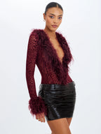 Valene Burgundy Burnout Velvet Fur Trim Bodysuit