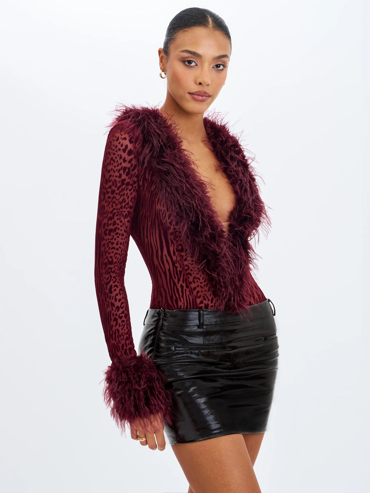Valene Burgundy Burnout Velvet Fur Trim Bodysuit