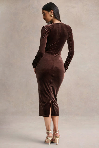 Francine Brown Velvet Round Neck Midi Dress With Cut Out Details