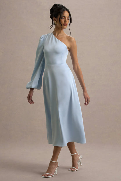 Haila Powder Blue Satin One Shoulder Midi Dress