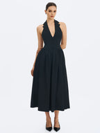 Delaney Black Lapel Halter Midi A Line Dress