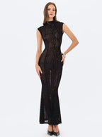 Tyanna Black Burnout Velvet Mesh Backless Mermaid Maxi Dress