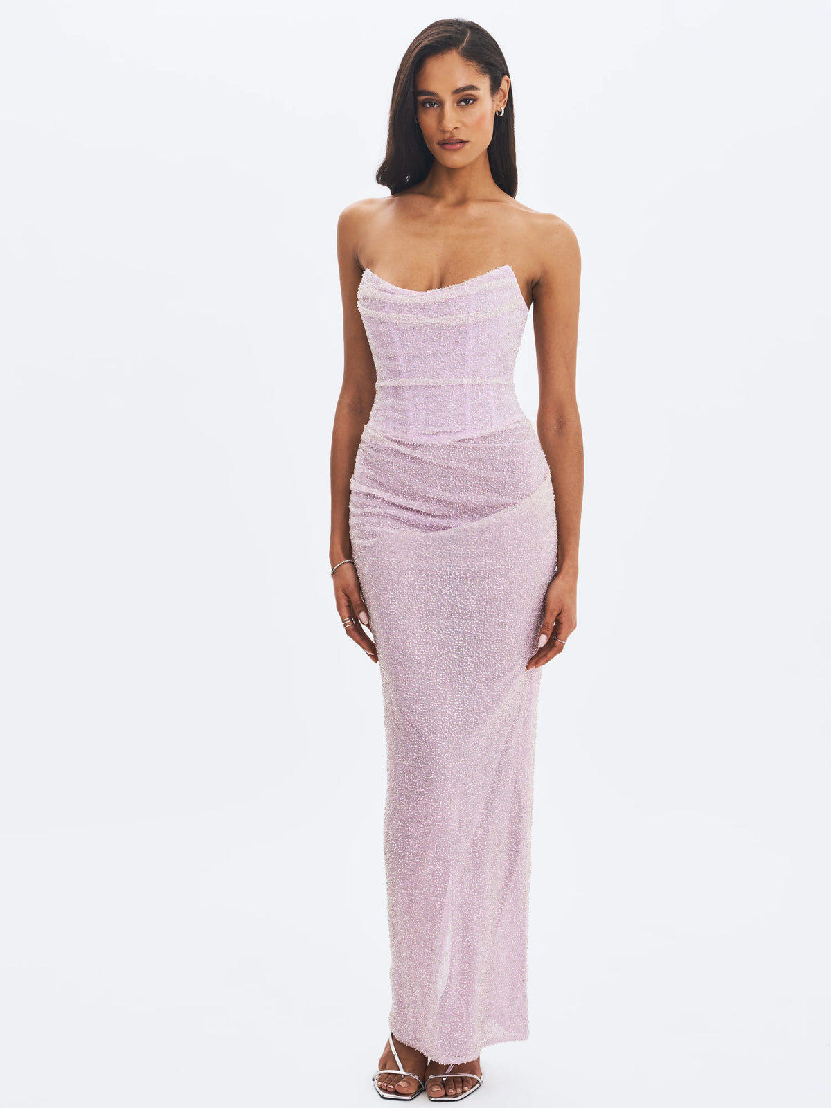 Raylee Lilac Beaded Mesh Strapless Sheath Maxi Dress