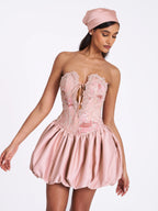 Palesa Pink Ballet Style Embroidered Bubble Hem Mini Dress