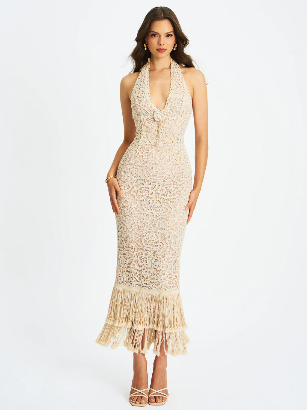 Faelyn Off White Double Fringe Crochet Halter Maxi Dress