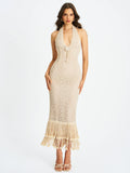 Faelyn Off White Double Fringe Crochet Halter Maxi Dress