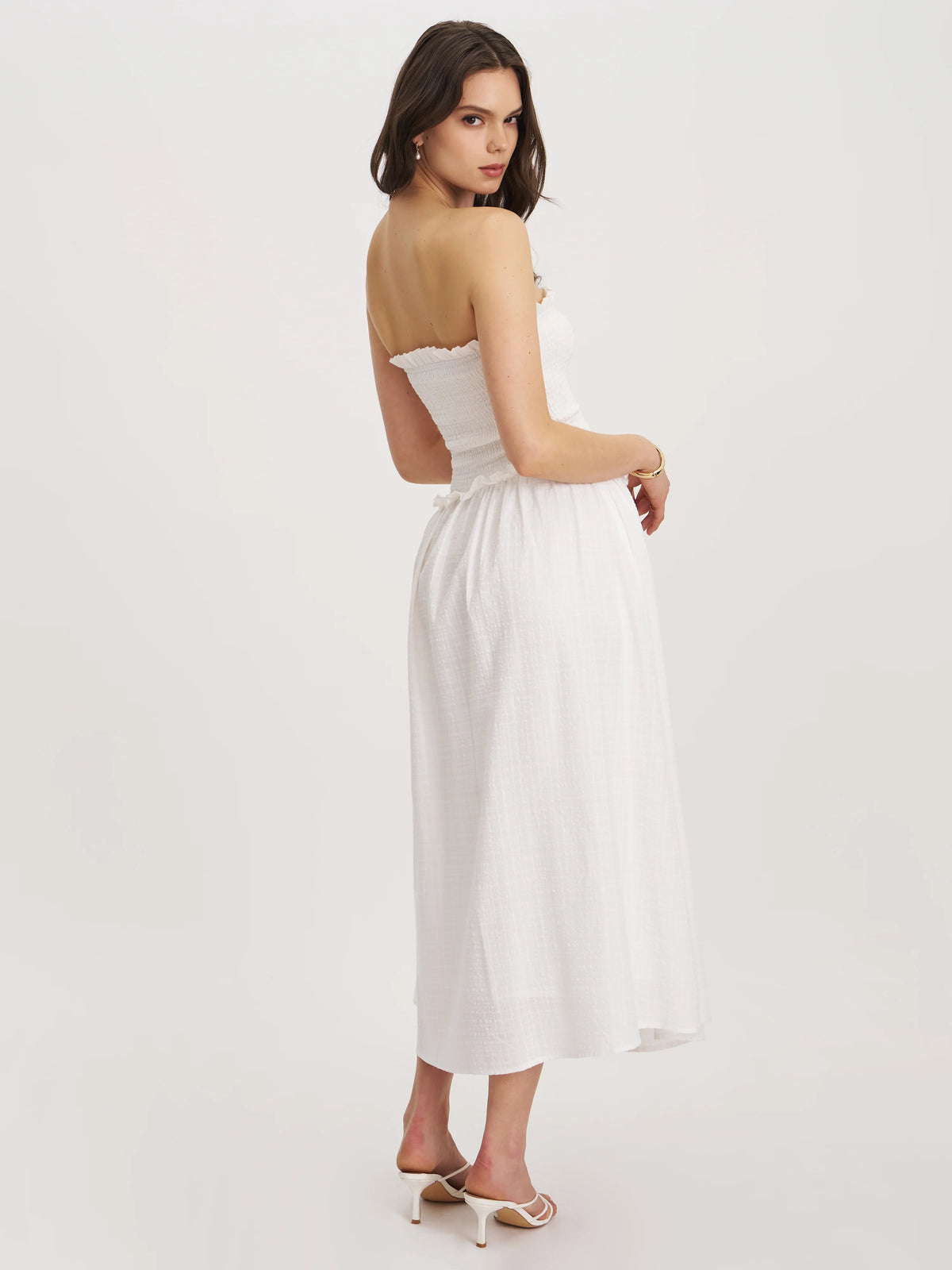 Quadiya White Cotton Seersucker Smocked Strapless Midi Dress Archive Sale