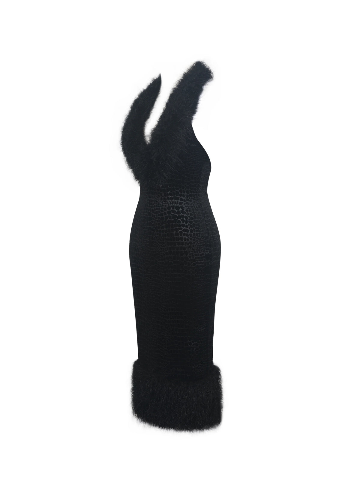 Onalee Black Croc Embossed Velvet Fur Midi Dress