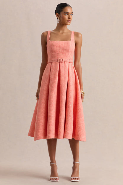 Camoria Coral Boucle Square Neck Midi Dress