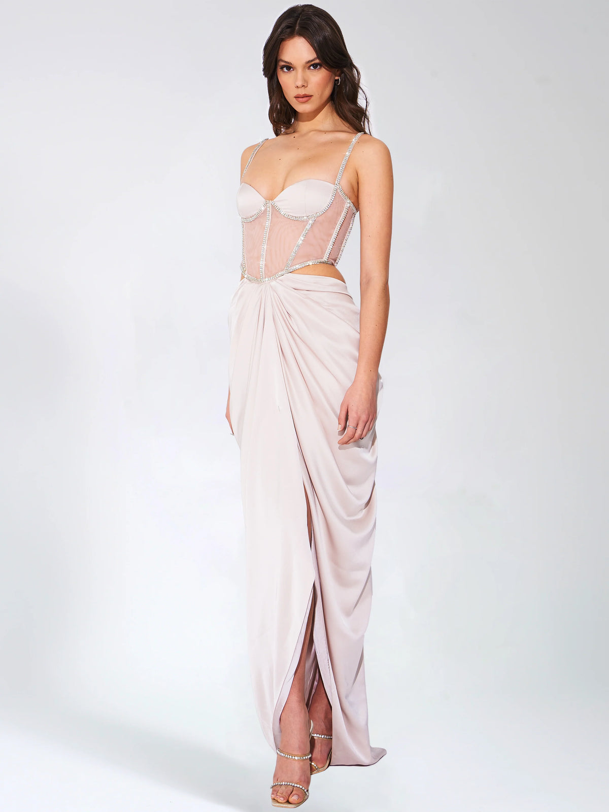 Cadence Champagne Satin Crystal Embellished Corset DressArchive Sale