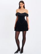 Daisha Black Lace Trimmed Off Shoulder Ruched Mini Dress