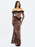 Tessa Coffee Sweetheart Bardot Faux Fur Velvet Mermaid Maxi Dress